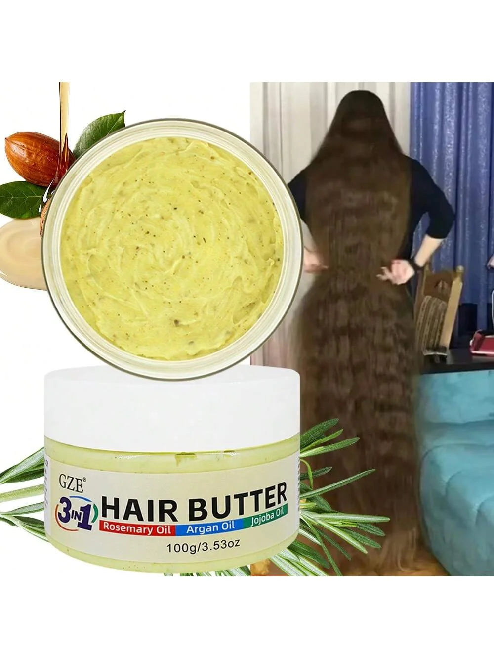 GZE 3 in 1 Hair Butter Nourishing Cream with Rosemary, Argan & Jojoba Oils for Deep Conditioning, Frizz Control, Stong Hair Root - Kimlud