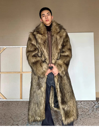 Men's fur coat, Wolf fur, fox fur, lapel long overcoat, winter windproof and warm windbreaker, large size