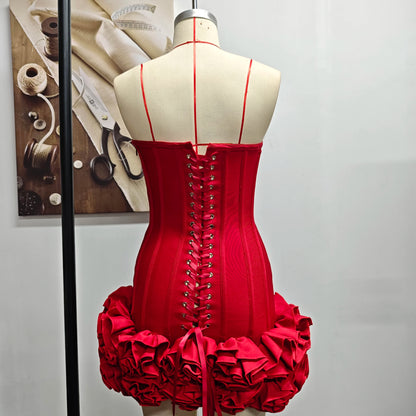 VC Christmas Dress Strapless Backless Red Structured Floral Embellished Mini Length Bodycon Celebrity Party Cocktail Dress