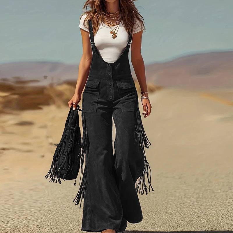 V Neck Tassel Button Patchwork Jumpsuits, Women Holiday Casual Wide Leg Pants Playsuits, 2026 Sleeveless Autumn Winter Overalls