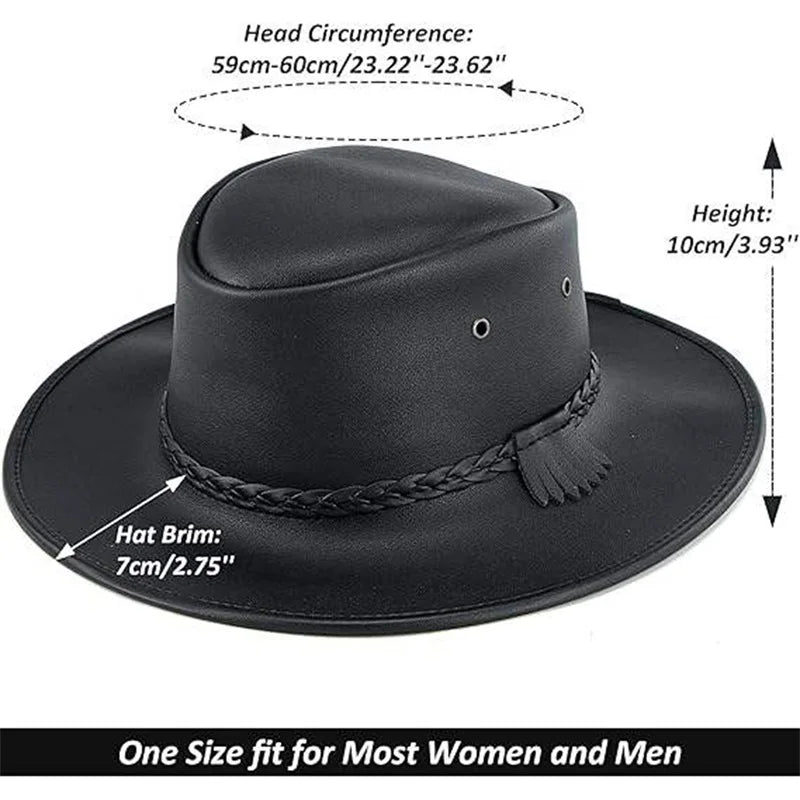 Combhasaki Mens Western Cowgirl Hats with Adjustable String Artificial Leather Wide Brim Outdoor Fashion Unisex Sunshade Cap