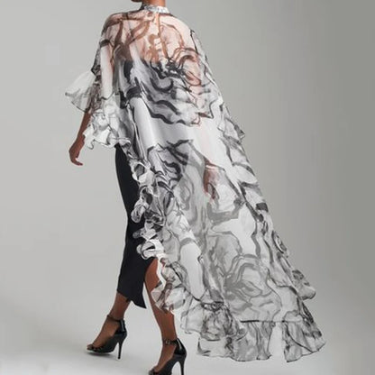 Fashion Vintage Cover-up Top Floral Flower Print Pleated See-Through Sun Protection High-low Loose Blouses Shirts Tops