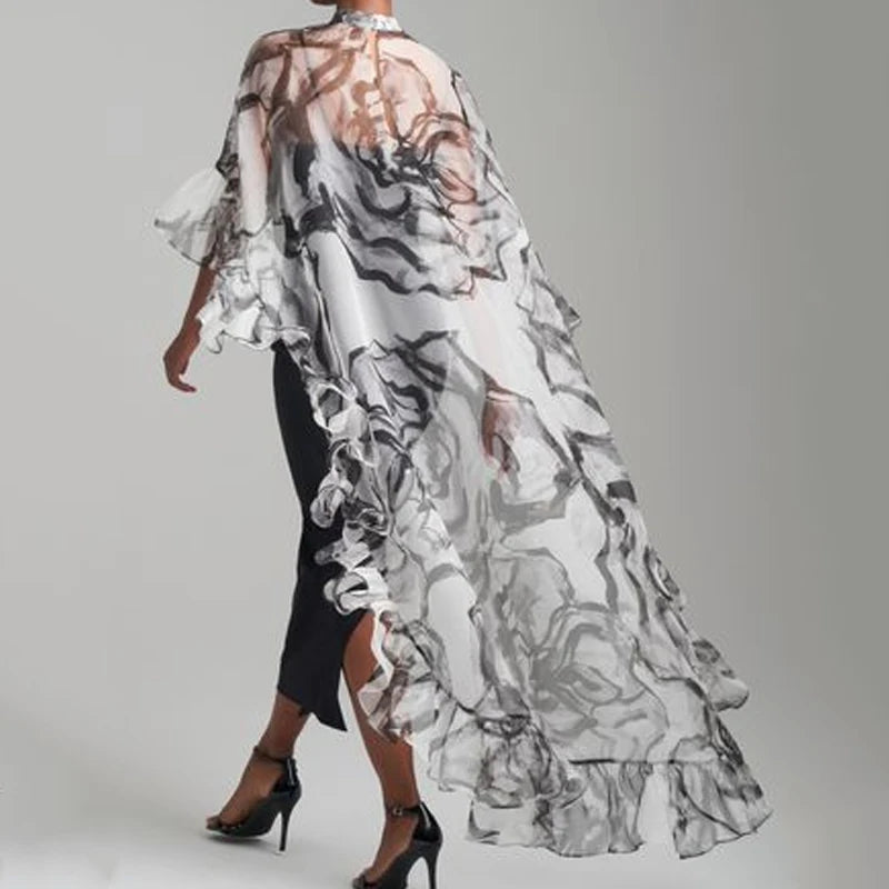 Fashion Vintage Cover-up Top Floral Flower Print Pleated See-Through Sun Protection High-low Loose Blouses Shirts Tops