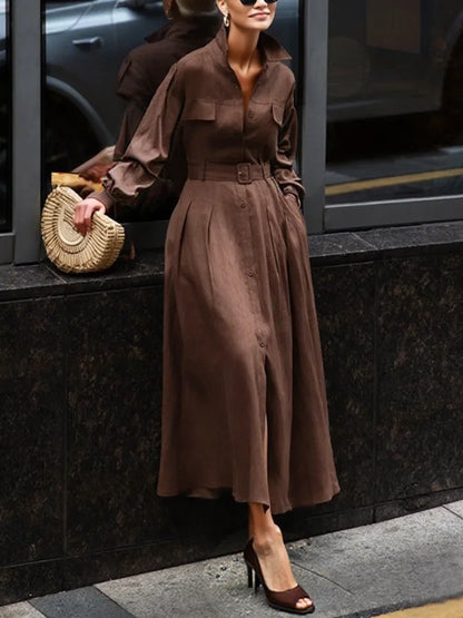 Gymystars Long Sleeve Dress Woman Fall 2025 Lapel Shirt Dress Fashion Loose Pleated Belt Decoration Casual Button Maxi Dresses