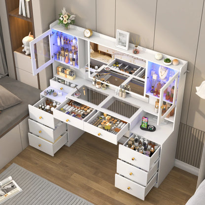 61.7" Large Vanity Desk with Mirror and Lights, Makeup Vanity with Charging Station, Sliding Drawers, 2 Cabinets with Glass Door