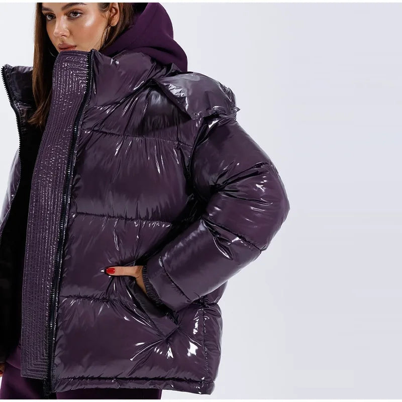 Chic Glossy Women's Thicken Cotton Coats Hooded Solid Loose Zippers Warm Lady Coat 2025 Winter Casual Female Street Jackets