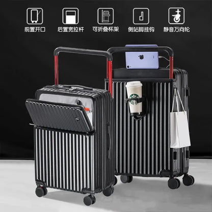 Aluminum Framed Front Open Suitcase Carry-on Bag Wide Handle Luggage Multifunctional 20/28-inch Impact Resistant Travel Bag