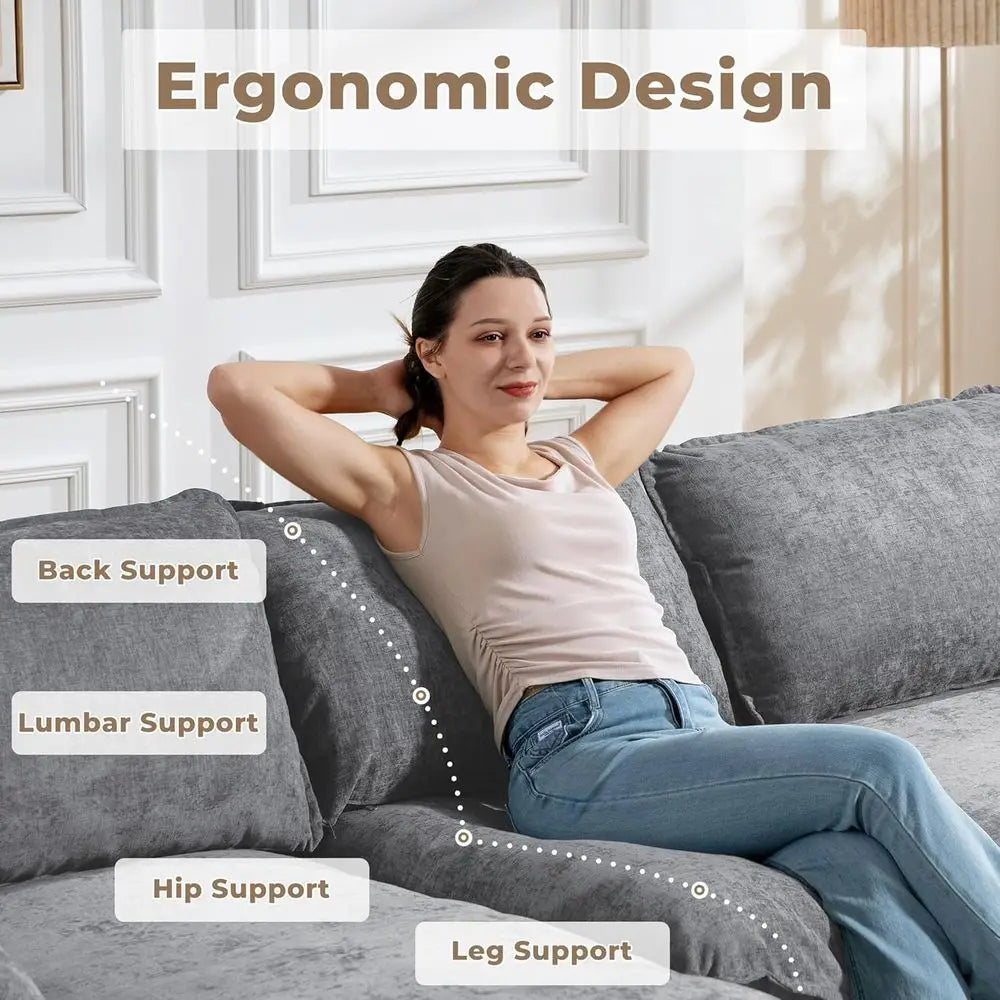 Grey Chenille L-Shaped Sectional Sofa with Deep Seating and Memory Foam, Ready to Use | Kimlud Luxury Chair