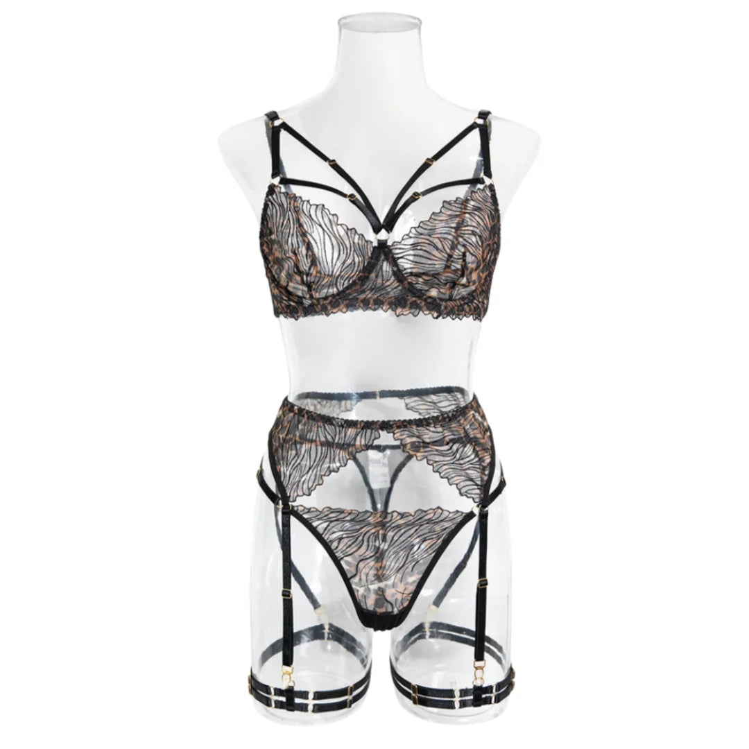 Krasapt Fancy Leopard Embroidery Lingerie 4 Pcs Sets Sexy Mesh See Through Bras And Thongs Garter Suits Erotic Intimate Outfit