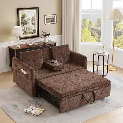 Convertible Brown Sofa Bed with Cup Holders, Pull-Out Sleeper, USB Ports for Living Rooms, Bedrooms, and RVs | Kimlud...