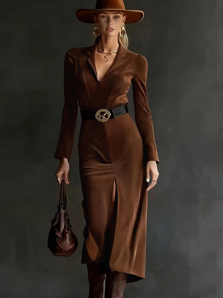 Imitation Suede Vintage Women‘s Elegant Midi Dress Lapel Long Sleeve Bodycon Dress High Street With Belt Autumn Fashion Vestido