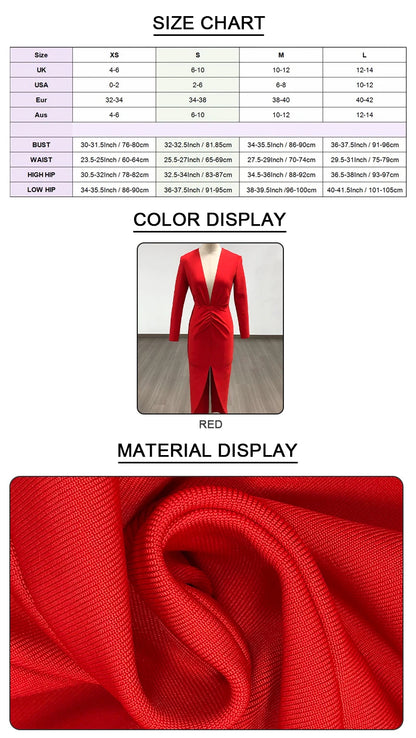 VC Sexy Red Deep V Plunge Long Sleeves Ruched Bandage Dress Women Pleated Bodycon Maxi Long Evening Party Club Gown