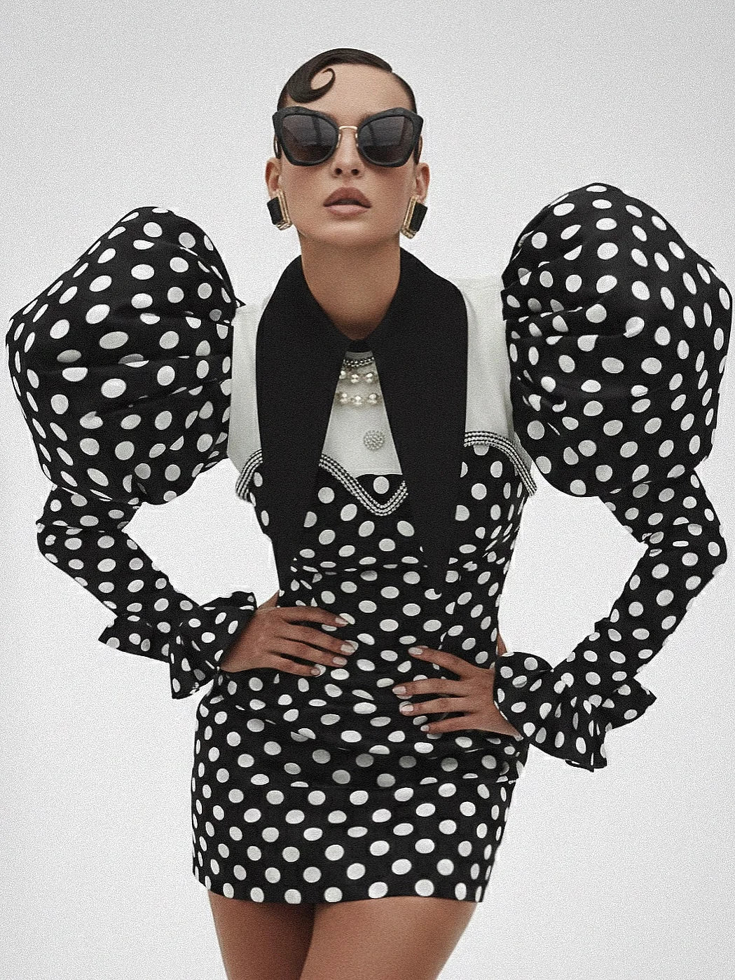 Couture Black Polka Dots Short Women Party Dresses With Crytsal Details Fashion Puffy Sleeves Mini Dress - Kimlud