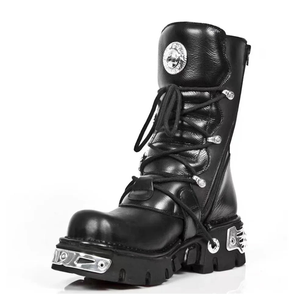 Men's Fashion Genuine Leather Motorcycle Boots Goth Skull Punk Boots New Unisex Mid-calf Cowboy Boots Metallic Combat...