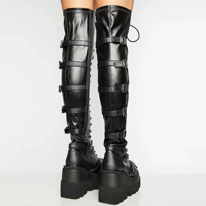 Over-the-knee Boots Women Platform Heels Belt Buckle  Boot Motorcycle Goth Shoe Thigh High Flat Boots Plus Size 42 43