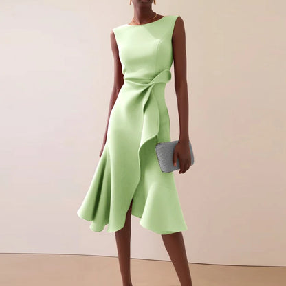 Vestidos Women Elegant O Neck Solid Commute Dress Spring Knot Slim Ruffle Irregular Dress Summer Sleeveless A-Line Party Dresses - Kimlud