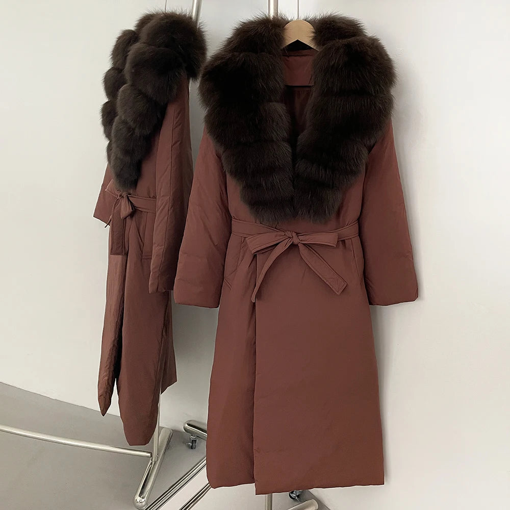 OFTBUY Long Puffer coat Real Fox Fur White Duck Down Coat New Winter Women Collar Fluffy  Jacket Female Thick Warm Reality Fur