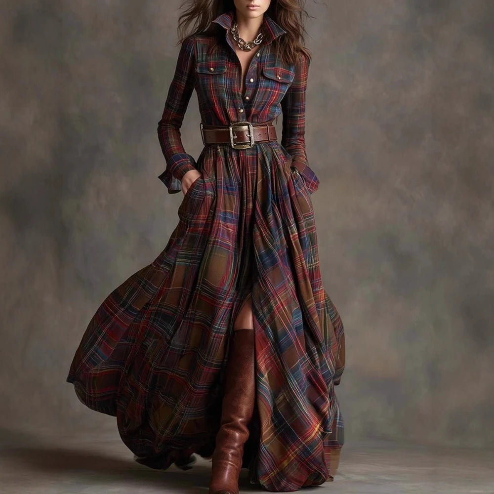 Plaid with Belt Retro Long Dress Lapel Button Irregular A Line Skirts Long Sleeve Casual Women's Dresses Autumn Elegant Clothes