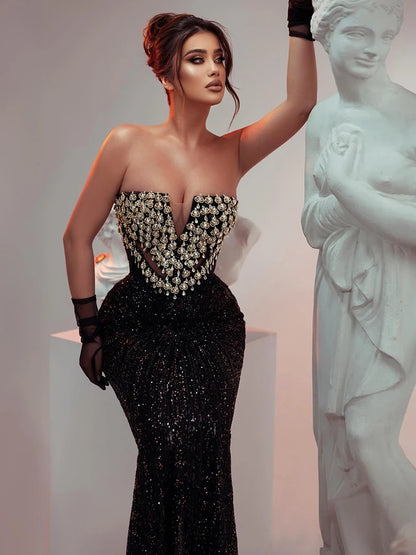 VC Black Strapless Diamonds Pearl Mermaid Long Dress Deep V Plunge Bodycon Elegant Party Evening Gowns Vestidos with Gloves