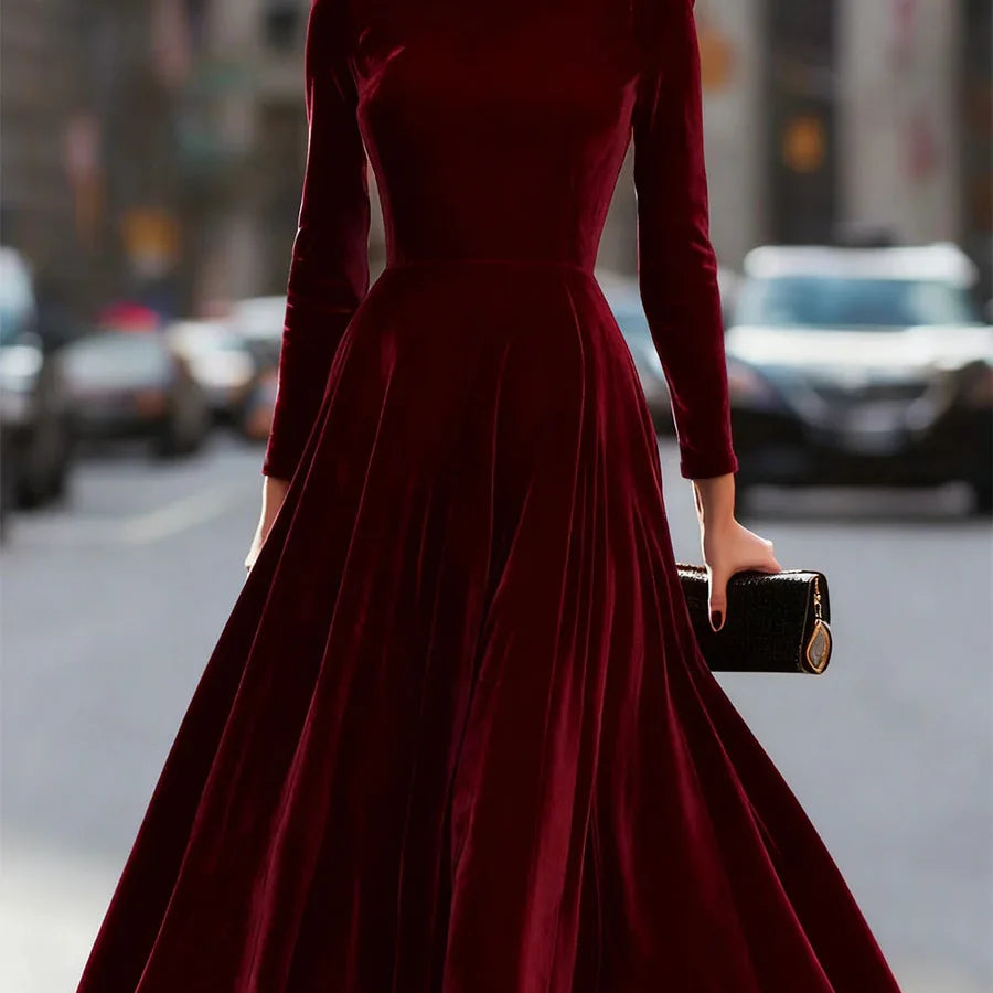 Velvet Long Sleeve round Neck Dress Elegant Artistic Retro Chinese Style Midi Skirt Casual Comfortable Polyester Fabric - Kimlud