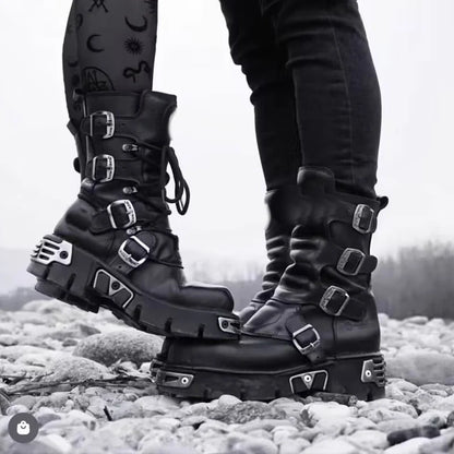Men's Fashion Genuine Leather Motorcycle Boots Goth Skull Punk Boots New Unisex Mid-calf Cowboy Boots Metallic Combat...