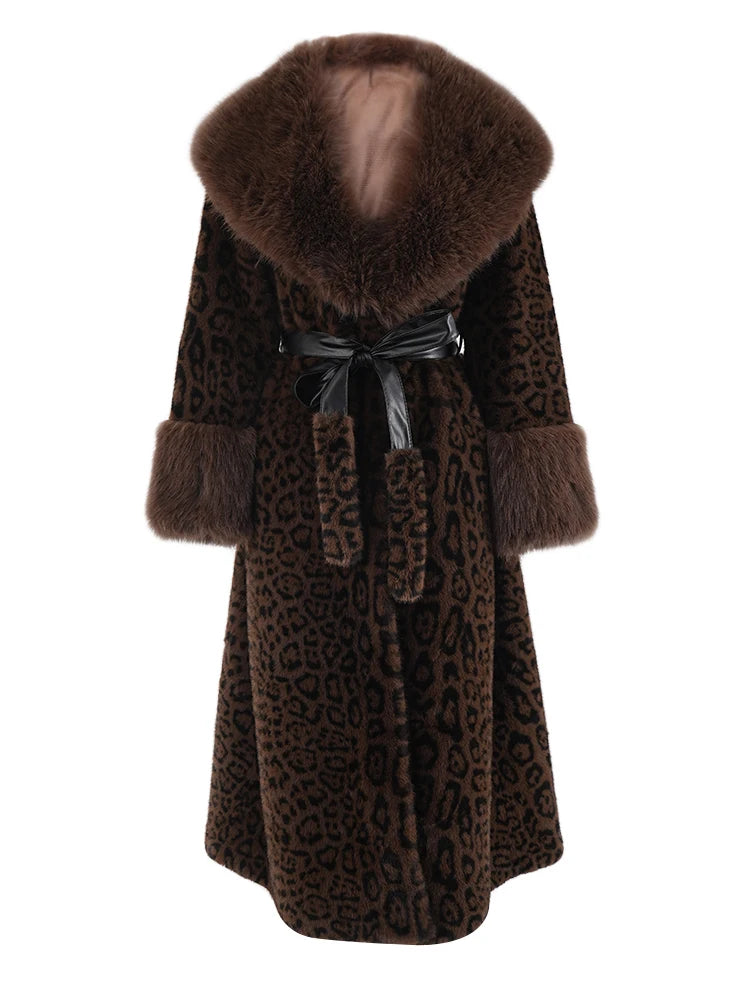 ZMEENNA Brown Leoppard Print Big Size Long Faux Fur Jacket New Lapel Long Sleeve Women Coat Fashion Autumn Winter 2024 ZM593