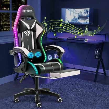 Ergonomic Gaming Chair with Built-in Speakers and RGB LED Lights Adjustable Footrest High Back Support Massage Function Lumbar