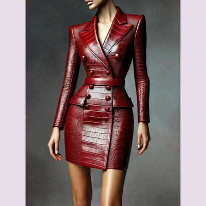 New PU Leather Dresses for Women Lapel Collor Double Breasted Alligator Pattern Belt Mini Dress Long Sleeve Elegant Dress  2025