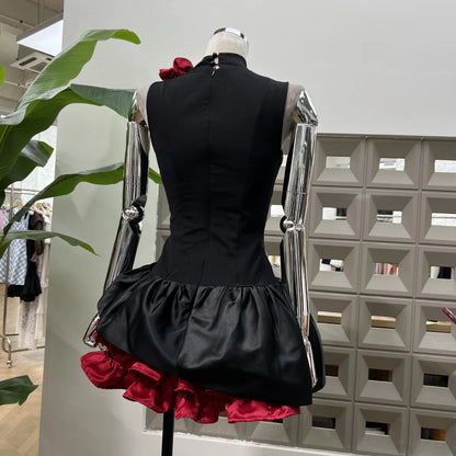 Women's Sweet Round Neck Sleeveless Slim Waist Short Mini Dress French Retro 3D Rose Birthday Dress Spicy Girl Floral Bud Dress