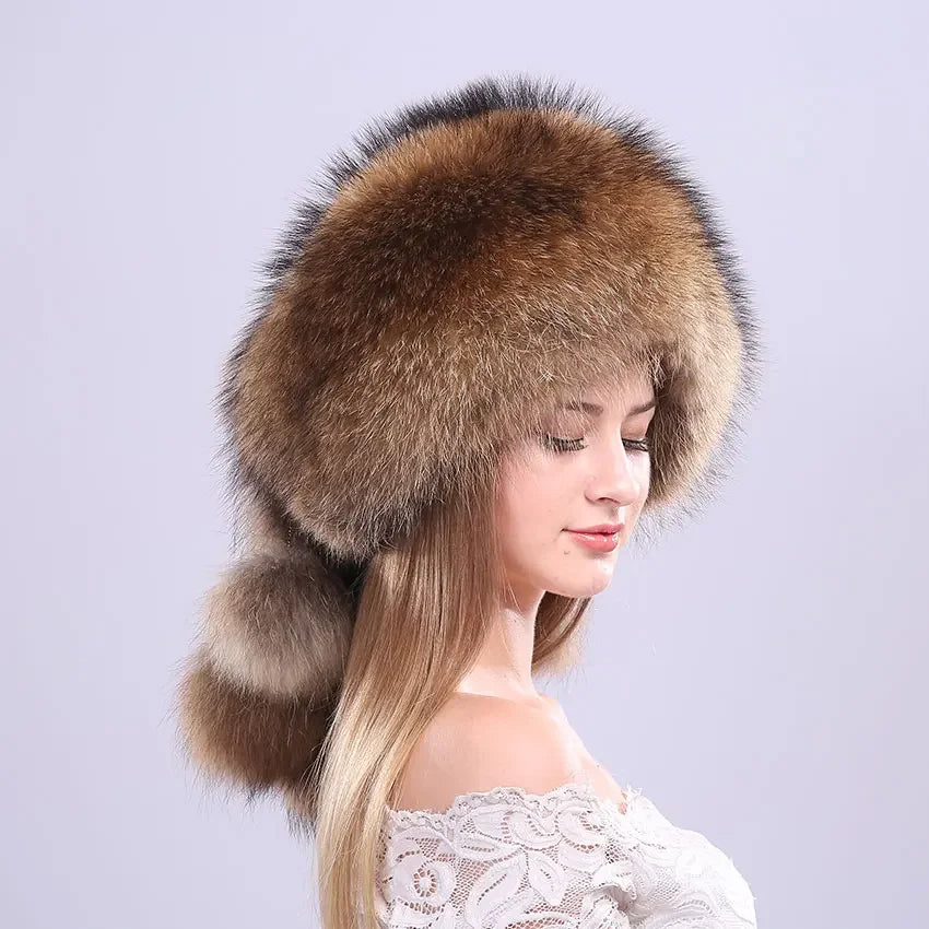 ICYMI Whole Piece Raccoon Fur Hats Unisex Super Warm Russian Outdoor PomPom Caps Skiing Snow Real Fur hats Women Men's Headgear