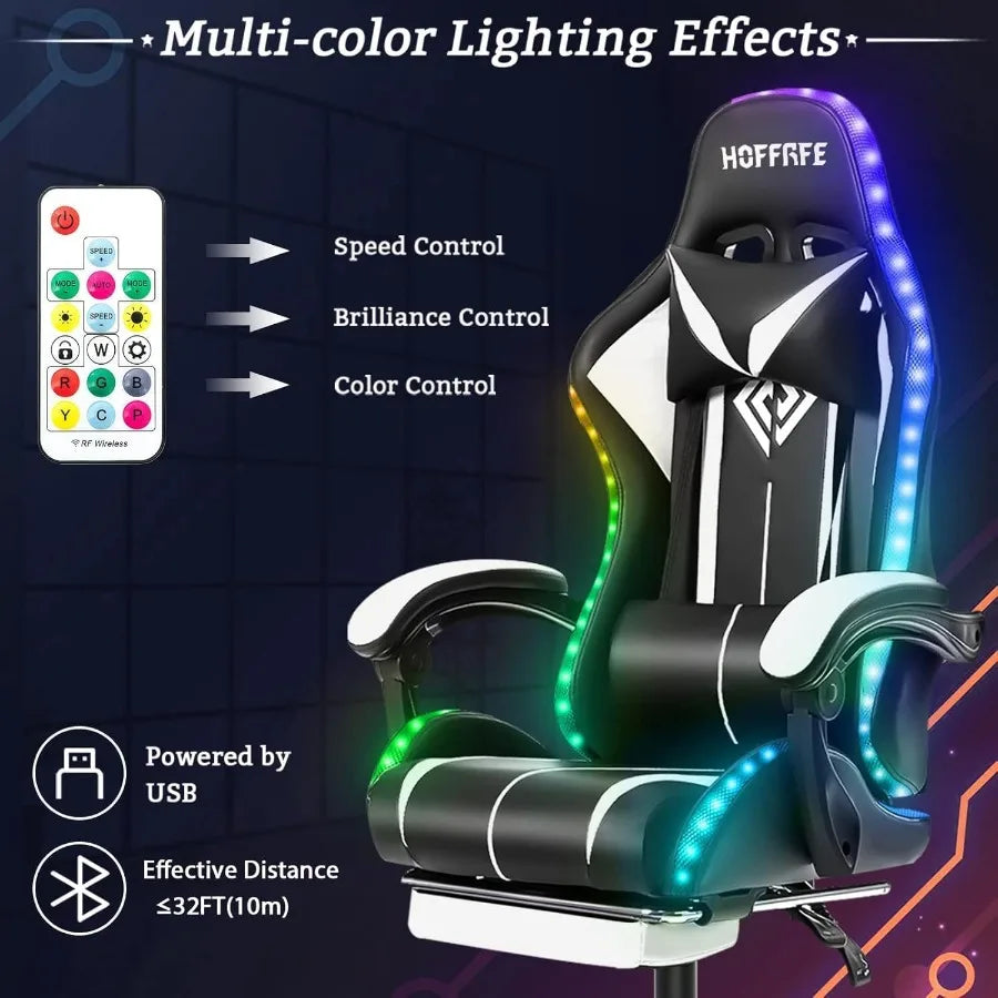 Ergonomic Gaming Chair with Built-in Speakers and RGB LED Lights Adjustable Footrest High Back Support Massage Function Lumbar