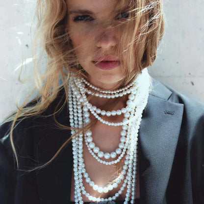 Girlgo Zaa MULTI-STRAND FAUX PEARL NECKLACE,Autumn Suit Sweater, Long Necklace, Daily Shopping Wedding Jewelry