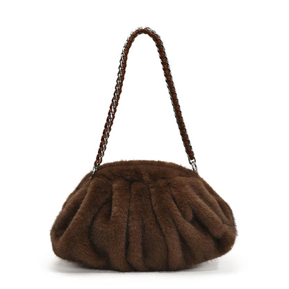 Pleated Design Faux Fur Shoulder Bags For Women 2026 Luxury Designer Purses And Handbags Winter Warm Soft Plush Hobo Bags