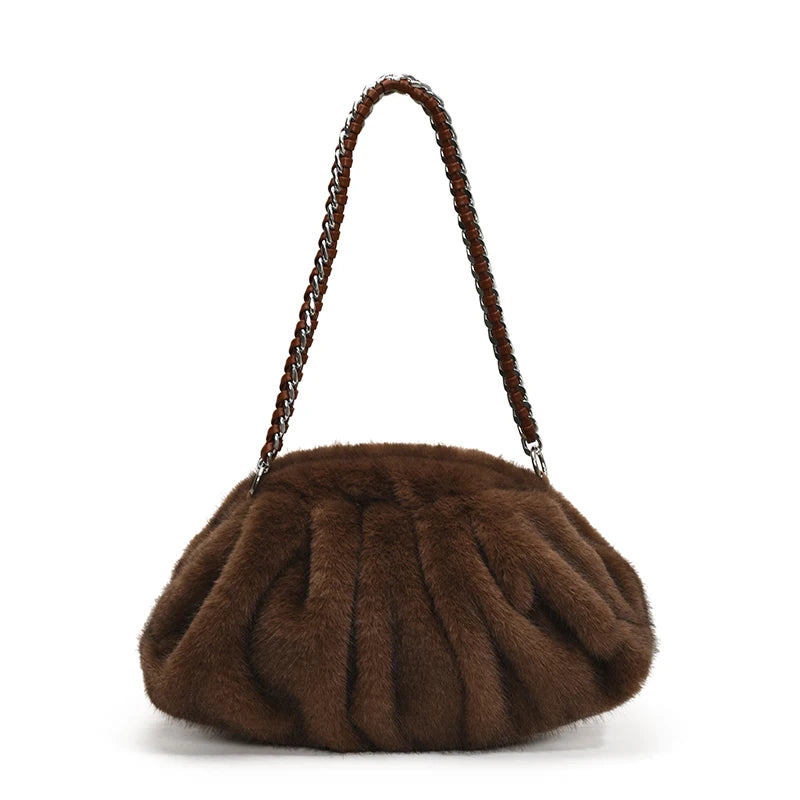 Pleated Design Faux Fur Shoulder Bags For Women 2026 Luxury Designer Purses And Handbags Winter Warm Soft Plush Hobo Bags