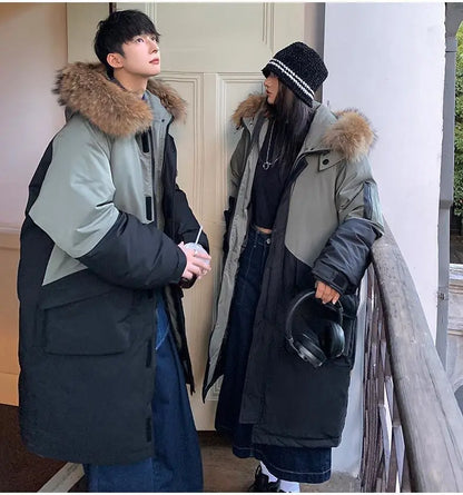Men's Parkas Hooded Down Jacket Couple Mid-length Over-the-knee Loose Animal Fur Collar Jackets Zipper Pockets Thick Tops Coat