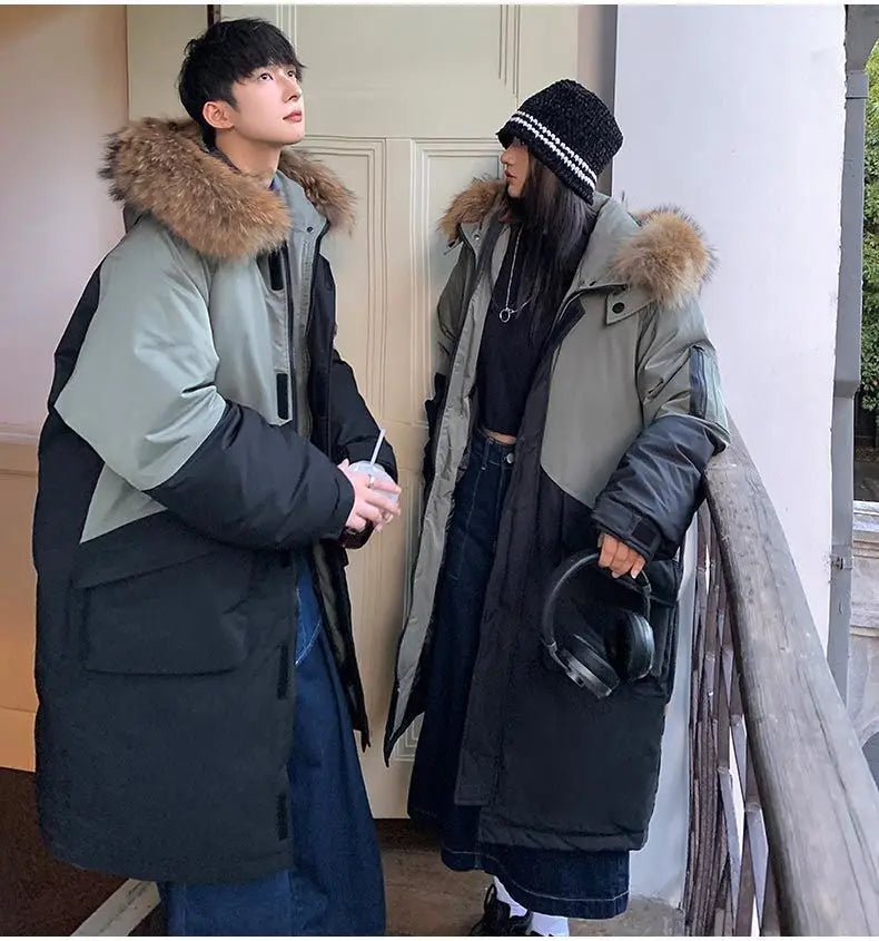 Men's Parkas Hooded Down Jacket Couple Mid-length Over-the-knee Loose Animal Fur Collar Jackets Zipper Pockets Thick Tops Coat