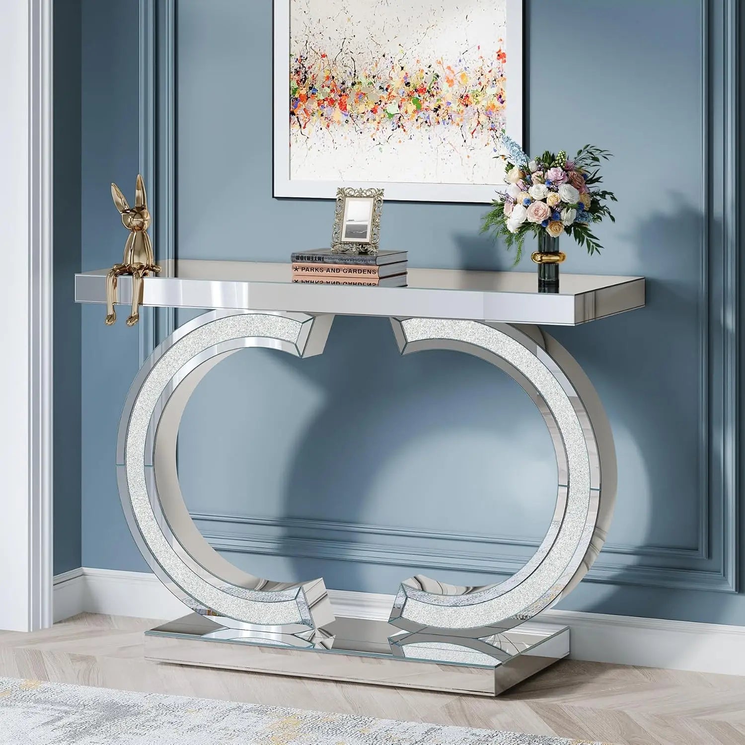 Mirrored Console Table with O-Shaped Base, Entryway Table Glass Sofa Table with Mirror Finish, Rectangle Accent Foyer...