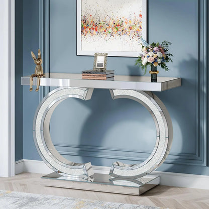 Mirrored Console Table with O-Shaped Base, Entryway Table Glass Sofa Table with Mirror Finish, Rectangle Accent Foyer...