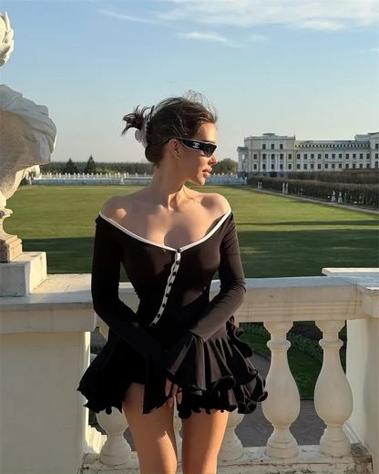 Absobe Women's A-Line Bodycon Mini Dress Ruffle Hem V-Neck Asymmetrical Buttons Long Sleeve Short Dress Party Streetwear Outfits