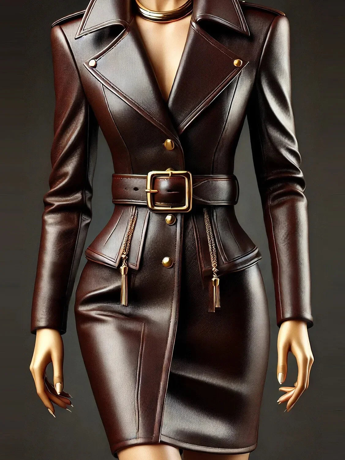 Women PU Leather Dress Lapel Collor Button Long Sleeve with Belt Chic Vintage Pockets Slim Elegant Office Lady Mini Dresses