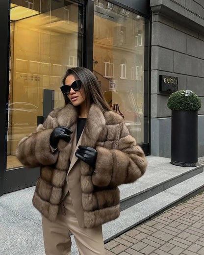 Solid Patchwork Faux Fur Coat Women Full Sleeve Lapel Loose Long Staple Plush Jacket Lady 2025 New Winter Fashion Street Outwear