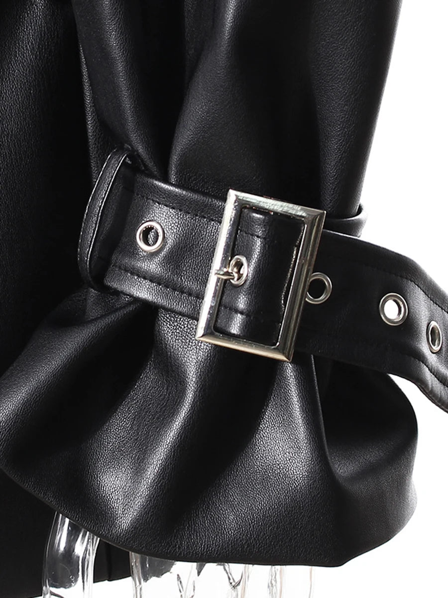 TWOTWINSTYLE Hit Color Slimming Fashion Jackets for Women Lapel Long Sleeves Tunic Patchwork Leather Streetwear Jacket Female - Kimlud