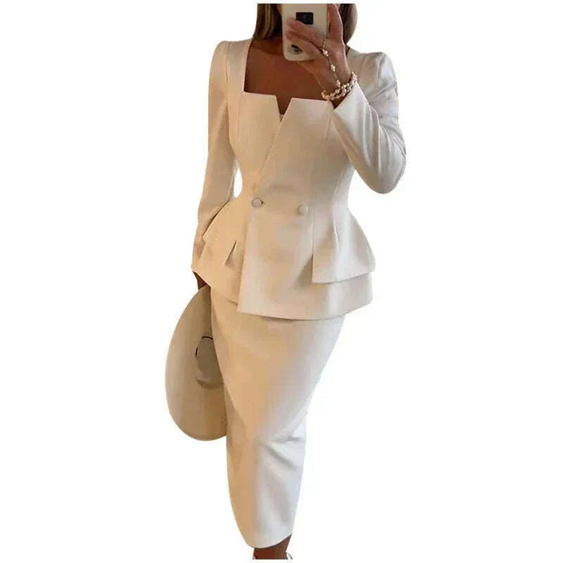 Elegant BlazerCoat Skirt Set Women Double Breasted Square Collar Slim Jacket And Midi Skirts Suits 2 Pieces Office Chic Outfits