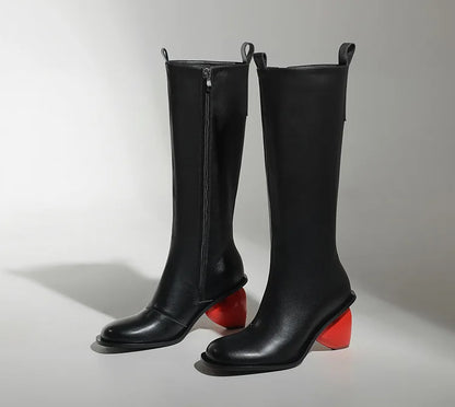 New Retro Sexy Round Toe Peach Heart Heel Side Zipper Knee High Boots European American Fashion Show Color Blocked Women's Boots