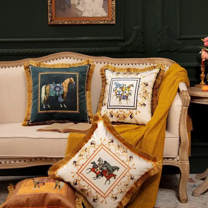 European Retro Horse Printed Pillow Cover Sofa Gold Tassel Pillowcase Velvet Fabric Cushion Cover | Kimlud Premium Pillow