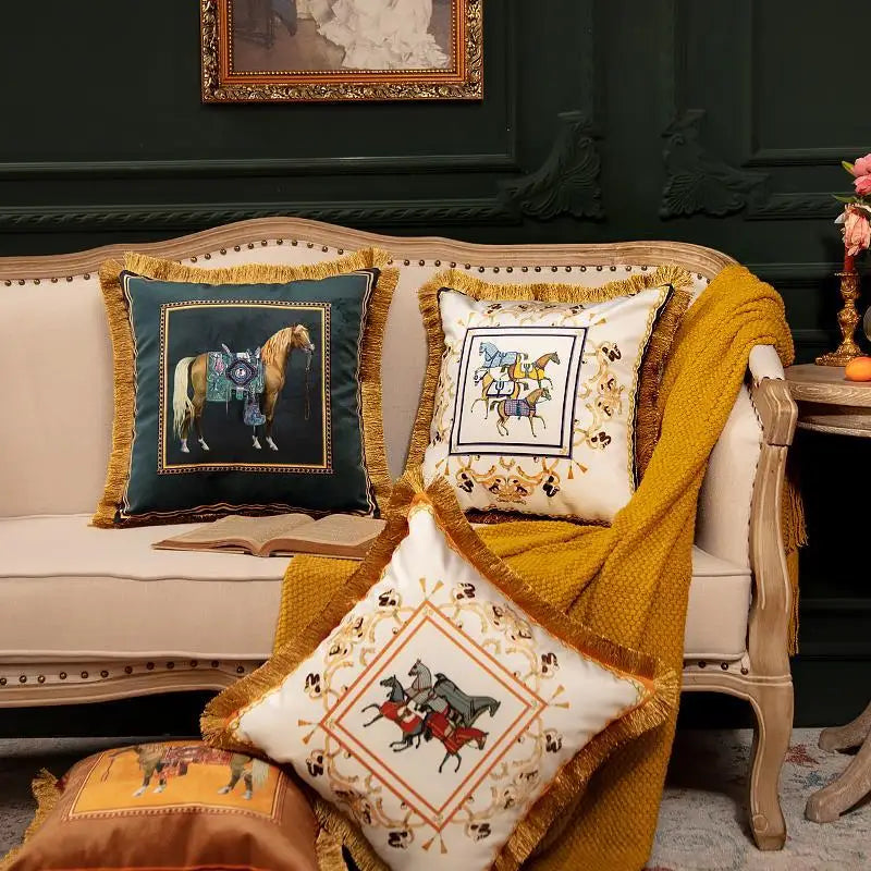 European Retro Horse Printed Pillow Cover Sofa Gold Tassel Pillowcase Velvet Fabric Cushion Cover | Kimlud Premium Pillow