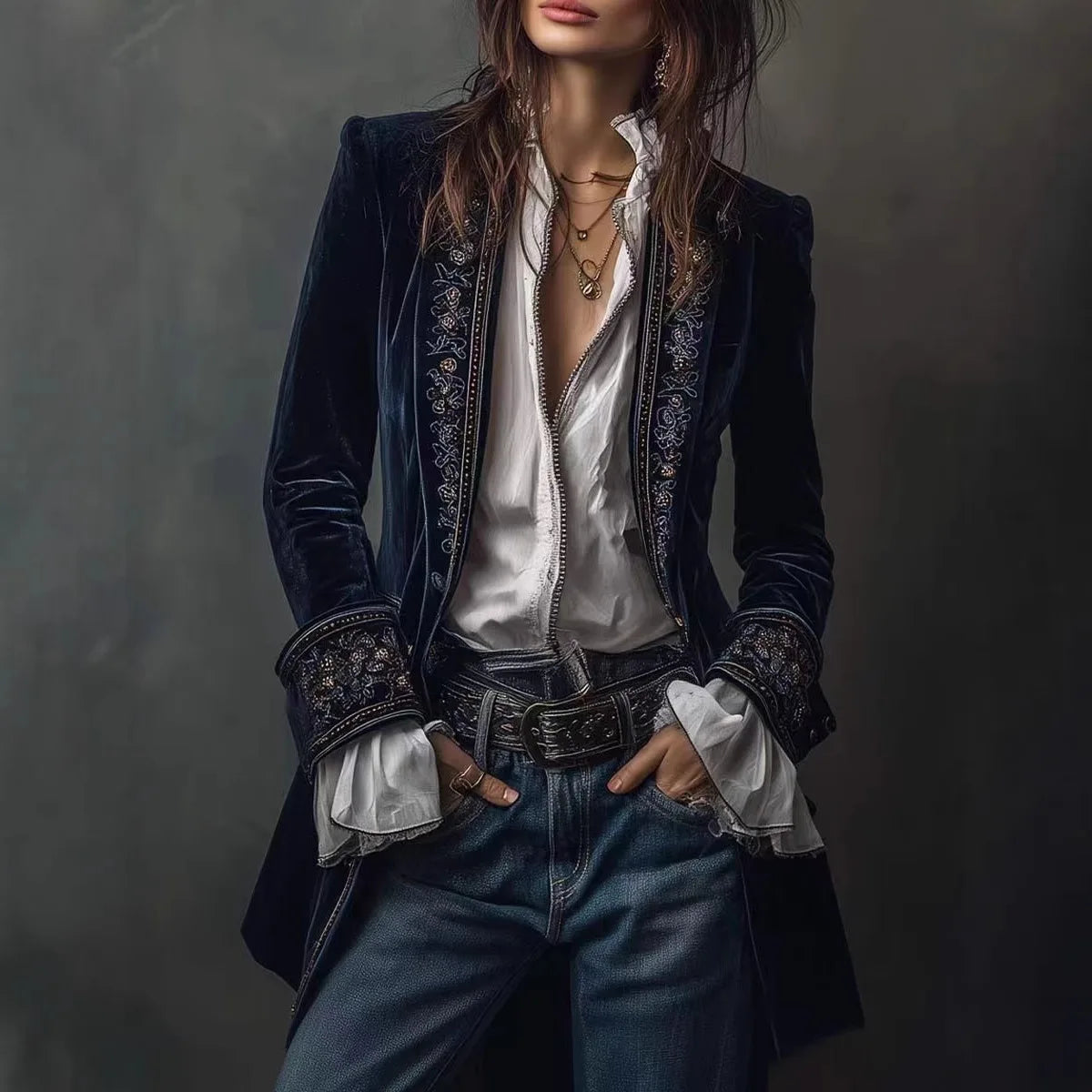 Long Sleeve Women's Outercoat Causal Autumn Winter Elegant Patchwork Velvet Slim Coat Vintage Pattern Print Cardigan Jackets