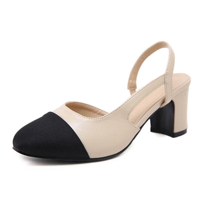 Comemore 2021 Summer Sandals Women Slingbacks High Heels Fashion Low Thick Medium Heel Shoes Leather Elegant Pumps Ladies Luxury - Kimlud