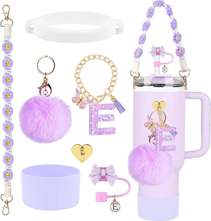 7PCS Accessories Set for Stanley Cup Purple Straw Topper Cup Boot Water Bottle Handle Strap Letter Charms 40oz 30oz Tumbler