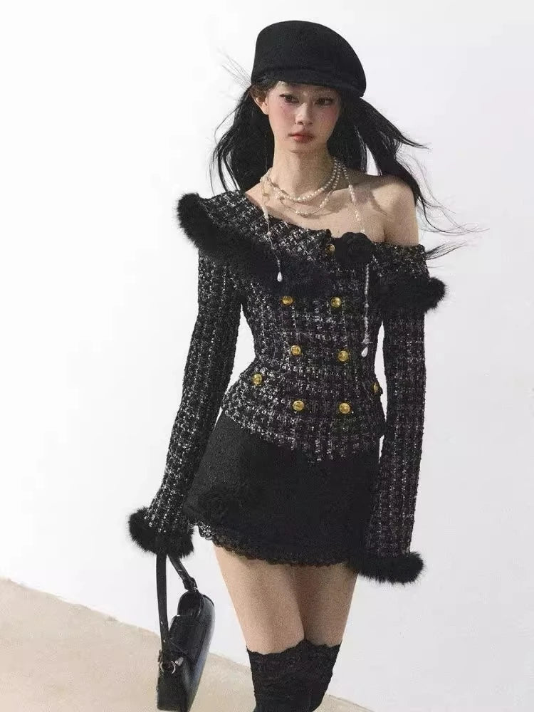 New Winter Elegant Fashion 2 Piece Set Women Off Shoulder Long Sleeve Cardigan Coat +Mini Skirt French Casual Chic Retro Outfits